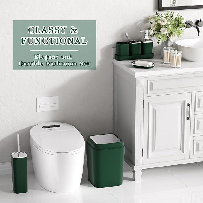 XLHOMO Dark Green Bathroom Accessories Set, Green Bathroom Set with Trash Can, Toothbrush Holder, Toothbrush Cup, Soap Dispenser, Soap Dish, Toilet Brush Holder, 2 Qtip Holder Dispensers and Tray - ModernBath