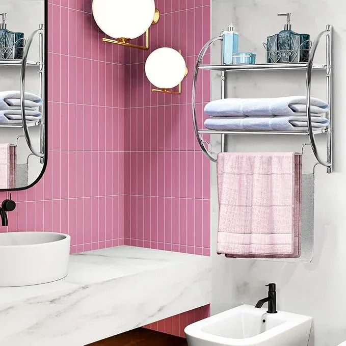 Tangkula Wall Mount 2 Tier Bathroom Shelf with Bars, 18" W X 10" D X 22" H, Home Toilet Double Layer Rustproof Chrome Shelf - ModernBath