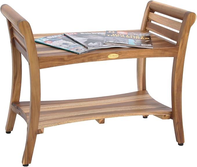 EcoDecors Symmetry 30 Inch Natural Color Waterproof Teak Wood Shower Bench Stool Seat Chair for Inside Shower Provides Safety, Storage, and Organization for Bathroom Accessories - ModernBath