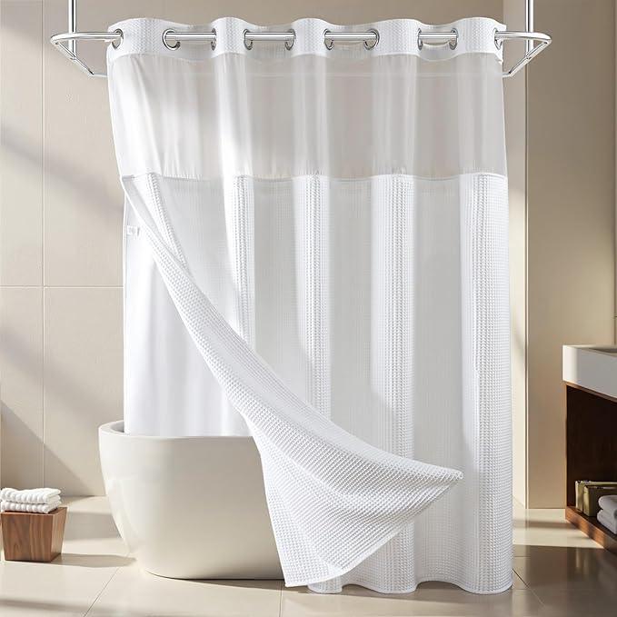 River Dream White Fabric Shower Curtain Set, Cotton Blend, Waffle Weave, with Snap in Replacement Liner，71 x 74 inches - ModernBath