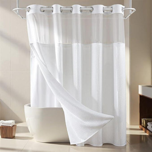 River Dream White Fabric Shower Curtain Set, Cotton Blend, Waffle Weave, with Snap in Replacement Liner，71 x 74 inches - ModernBath