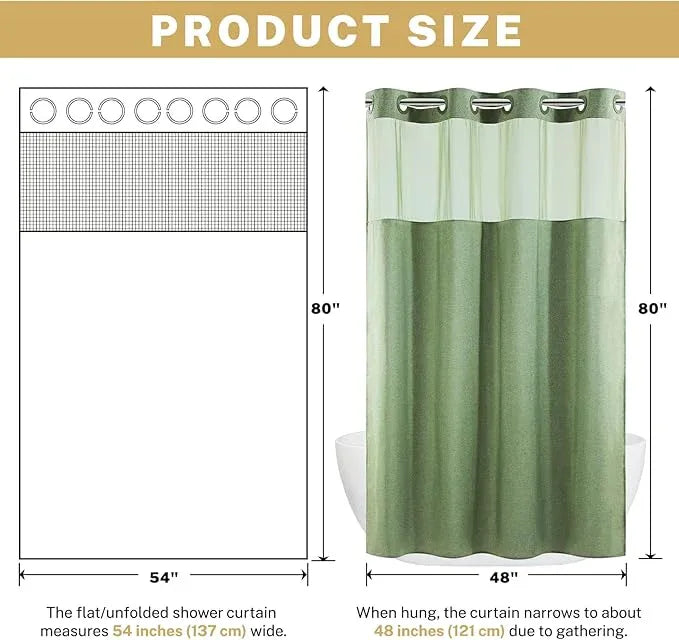 WONICY Small No Hook Shower Curtain with Snap in Liner, Polyester Textured Shower Curtain with Liner Set, Waterproof Washable Hotel Style Shower Curtains for Bathroom, 54Wx80H, Sage Green - ModernBath