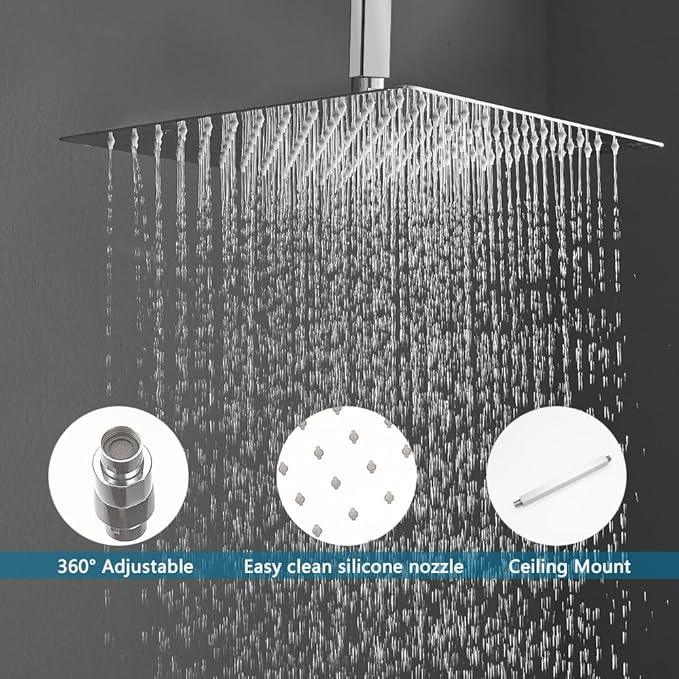 JingGang 16 Inch Ceiling Mount Polished Chrome Shower System Bathroom Luxury Rain Mixer Shower Combo Set Ceiling Rainfall Shower Head System (Contain Shower Faucet Rough-in Valve Body and Trim Kit) - ModernBath