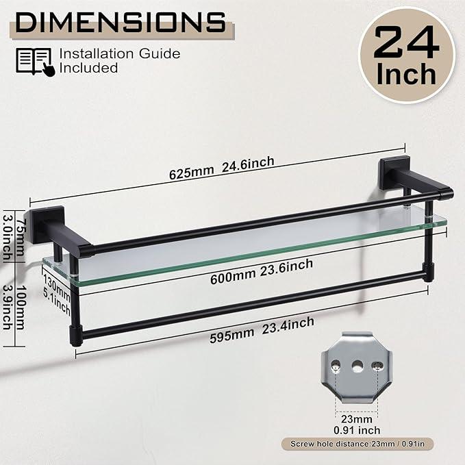 Glass Shelves for Bathroom with Towel Bar/Rack 24" Tempered Glass Shelves with Stainless Steel Towel Holder for Wall Shelf Sink Over Toilet (Matte Black) - ModernBath