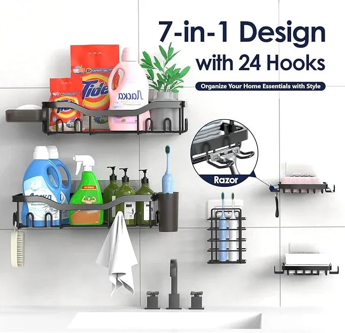 Shower Caddy Adhesive Shower Organizer 7-Pack, Rustproof Stainless Steel Bathroom Shelves, Large Capacity No-Drill Rack Storage Accessories with Soap Dish Toothbrush Holder &24 Hooks Home Decor - ModernBath