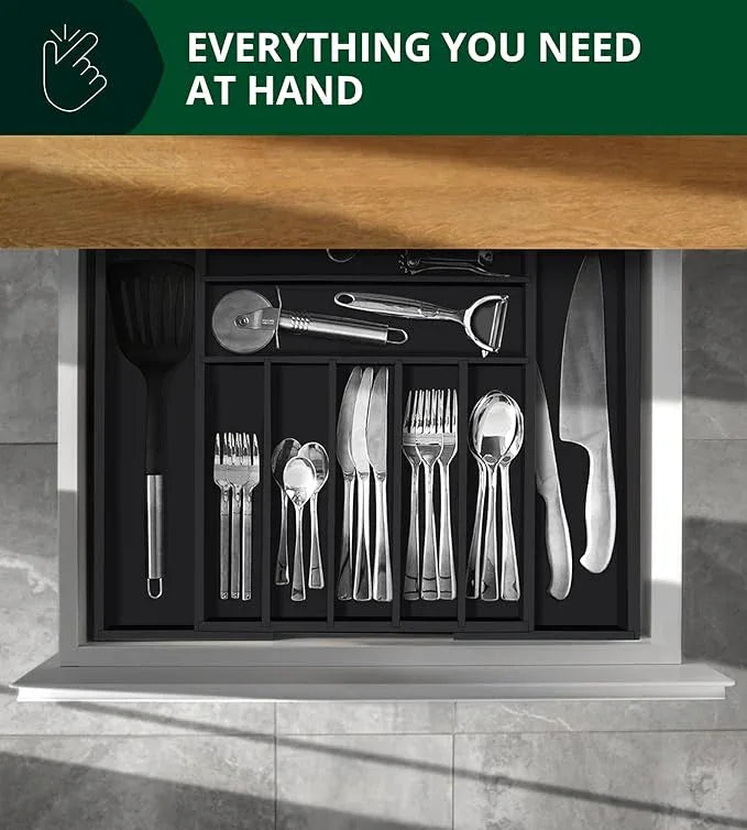 ROYAL CRAFT WOOD Luxury Bamboo Kitchen Drawer Organizer - Silverware Organizer - Utensil Holder and Cutlery Tray with Grooved Drawer Dividers for Flatware and Kitchen Utensils (9 Slot, Black) - ModernBath