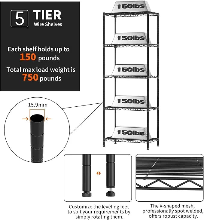 5 Tier Adjustable Storage Shelves Heavy Duty Metal Utility Shelf 750LBS Capacity Wire Shelving Unit Organizer Rack for Home Kitchen Office Bathroom Pantry Room 12" D x 22" W x 59" H Black - ModernBath