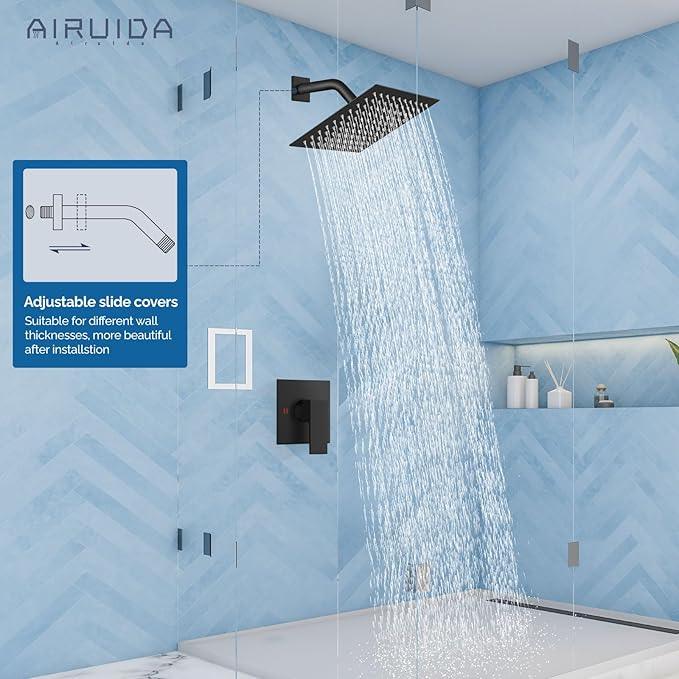Airuida Shower Faucet Set Bathroom Rain Shower System 8 Inch Square Showerhead Single Function 1 Handle Trim Kit with Female Thread Rough-in Valve Cover Plate with H and C Labels Matte Black - ModernBath