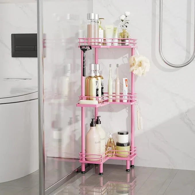 Consumest Corner Shower Caddy Standing - 3-Tier Stainless Steel Shower Organizer with Soap Holder and 4 Hooks, Large Capacity Corner Shelf Stand for Bathroom, Rest Room, Pink - ModernBath