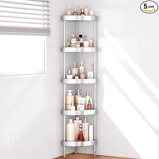 Nieifi Corner Shower Caddy Stand-5 Tier Rustproof Anodized Aluminum Standing Shower Organizer-Shower Caddy Corner-Dual Stability to Anti-Shaking-Height-Adjustable Legs for Uneven Surfaces-Silver - ModernBath
