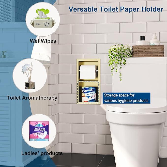 Recessed Toilet Paper Holder, 304 Stainless Steel Bathroom Toilet Paper Holder with Storage, in Wall Tissue Toilet Roll Holder, Brushed Golden - ModernBath