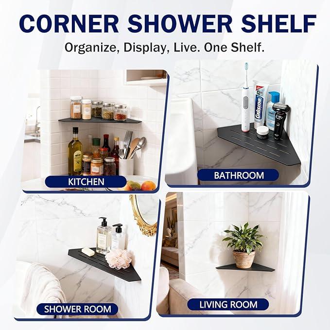 10" Corner Shower Shelf 2 Pcs Matte Black 304 Stainless Steel Diamond Heavy Duty Floating Corner Shelves Slot Design Recessed Bathroom Shower Shelf for 90° Tiled Wall, No Drilling Needed - ModernBath