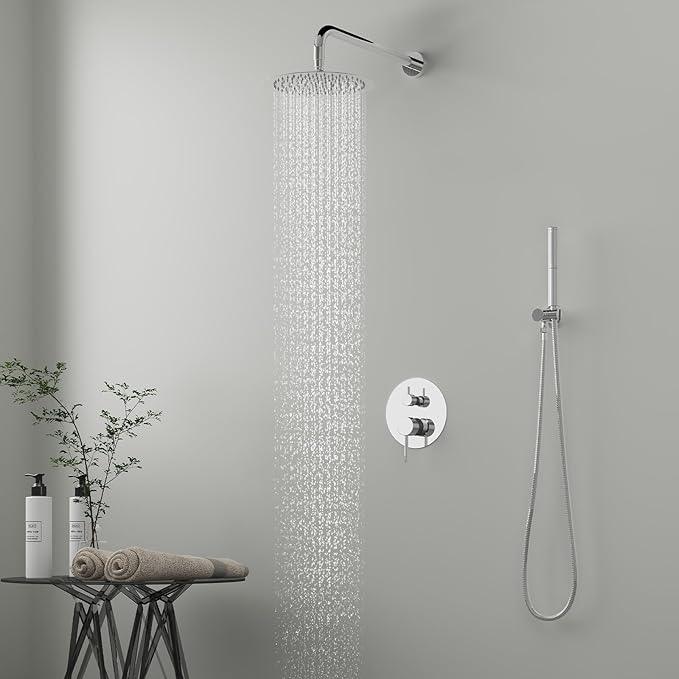 BESy Shower System with 10 Inch Round Rain Shower Head and Handheld Wall Mounted, High Pressure Rainfall Shower Faucet Fixture Combo Set with 2 in 1 Handheld Showerhead for Bathroom, Polished Chrome - ModernBath