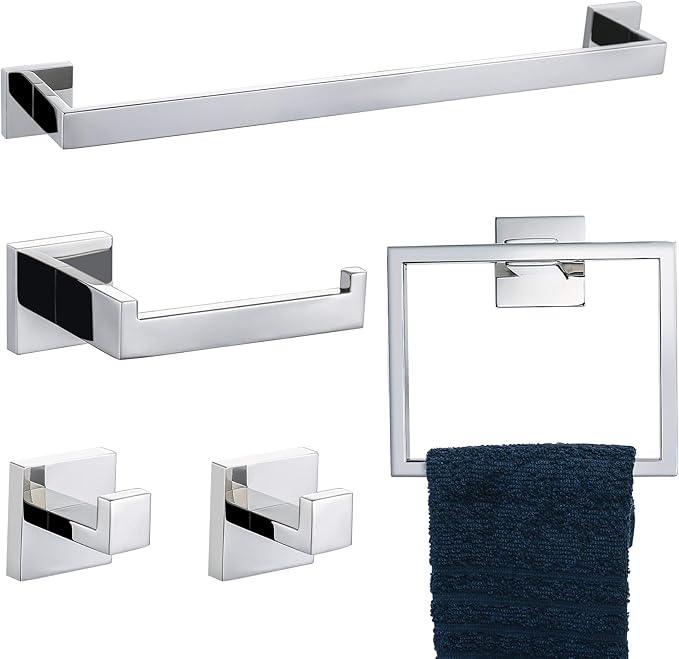 TNOMS Bathroom Hardware Accessories Set Polished Chrome Towel Bar Sets Include Towel Bar Towel Holder Toilet Paper Holder Towel Hook,5 Pieces Stainless Steel Wall Mounted - ModernBath
