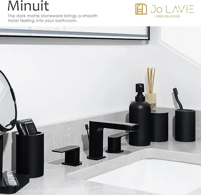 Jo Lavie Bathroom Accessory Set - 4 Pcs Matte Black Bathroom Set with Toothbrush Holder, Soap Dispenser, Tumbler & Cotton Swab Jar - Bathroom Vanity Countertop Organizer, Bathroom Decor Sets - ModernBath