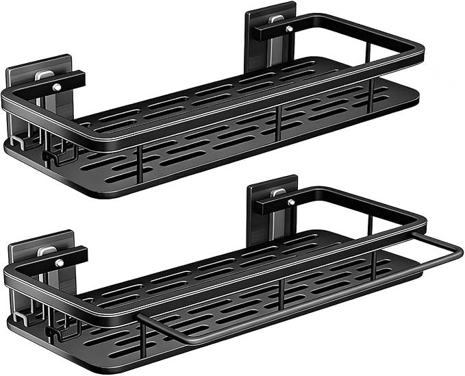 EVALAND Shower Caddy Adhesive 2-Pack with Hooks and Rod for Towels, Black – Premium Bathroom Shower Shelves, Shampoo Organizer, Bathtub Shelf, Rustproof, Easy Installation, Sturdy Modern Look - ModernBath