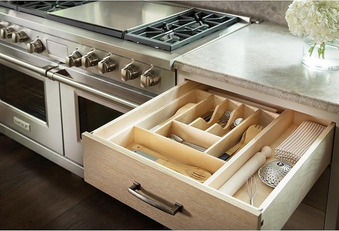 Rev-A-Shelf Trim-to-Fit Silverware Drawer Organizer For Kitchen Utensil Cutlery Cabinet Storage, Natural Maple Wood 7 Compartment Tray Insert 4WCT-1SH - ModernBath
