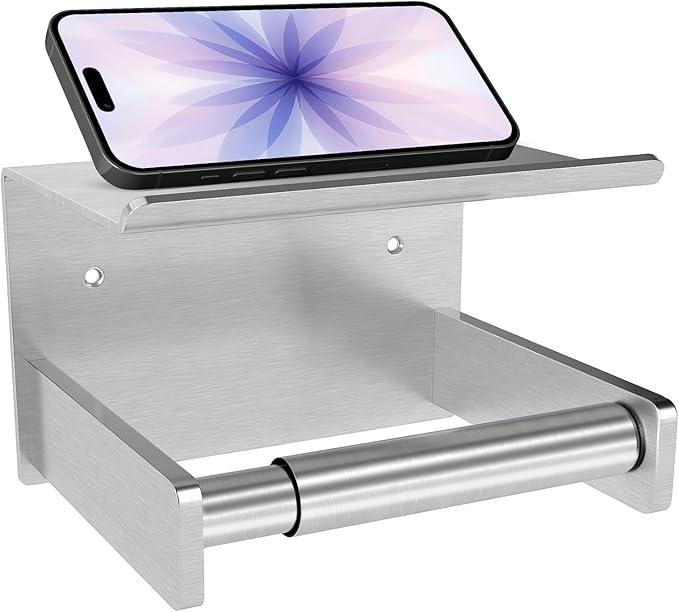 Toilet Paper Holder with Shelf, Toilet Paper Holder Wall Mount Adhesive for Bathroom Washroom RV with Spring Rod, Brushed Nickel - ModernBath