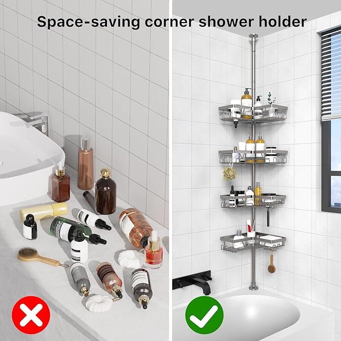 KEGII Corner Shower Caddy Tension Pole with Soap Dish & Razor Holder, Adjustable Bathroom Organizer with Hooks, 25-114.2 Inch Rustproof Storage Shelf for Renters & Apartments, Gunmetal Gray - ModernBath