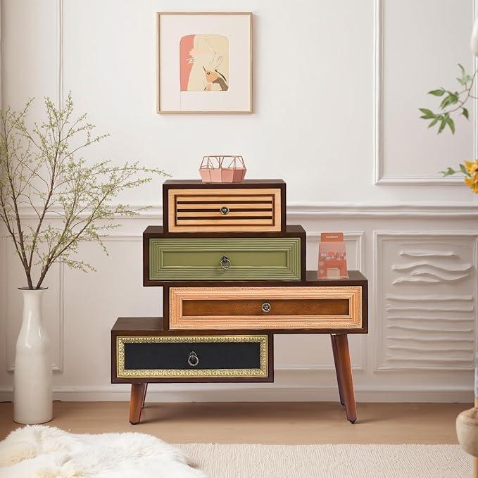 Vintage Accent Chest with 4 Drawers, Asymmetrical Stacked Design, Multicolored Hand-Carved Decorative Rustic Cabinet for Living Room, Entryway - ModernBath