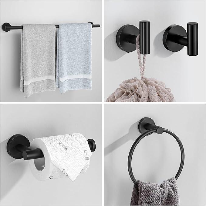 6 Pieces Matte Black Towel Bar Bathroom Hardware Set, 23.6Inch Matte Black Bathroom Accessories Towel Holder Set, SUS304 Stainless Steel Towel Racks for Bathroom - ModernBath