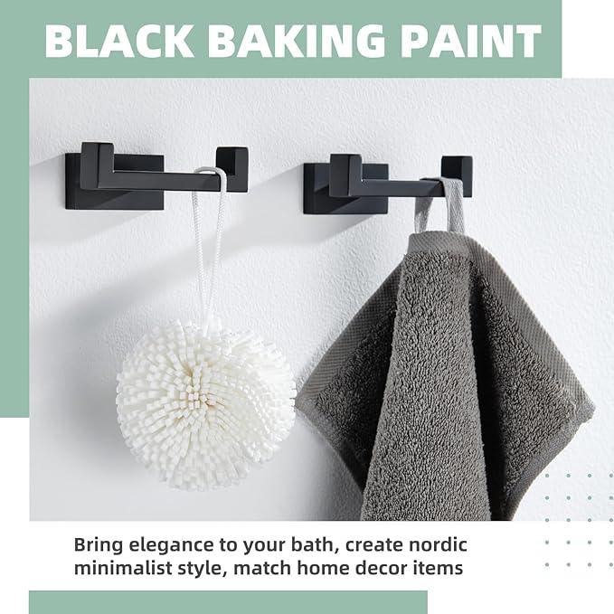 APLusee Double Bath Towel Hook 2 Pack, 304 Stainless Steel Square Dual Coat Holder, Modern Bathroom Kitchen Storage Hanger Wall Mounted, Matte Black - ModernBath