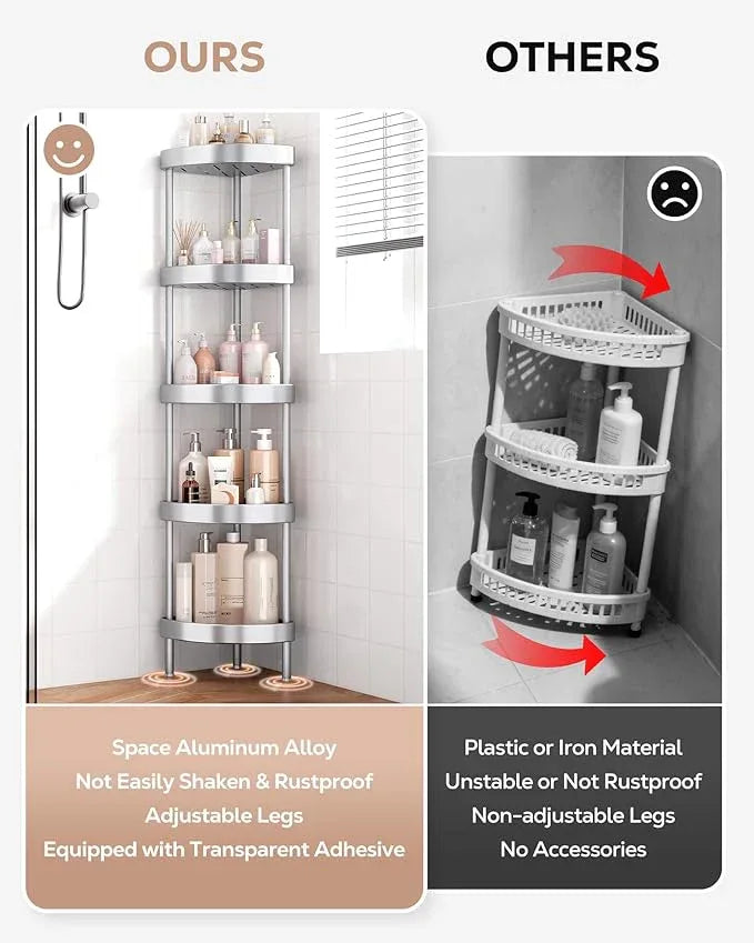 Nieifi Corner Shower Caddy Stand-5 Tier Rustproof Anodized Aluminum Standing Shower Organizer-Shower Caddy Corner-Dual Stability to Anti-Shaking-Height-Adjustable Legs for Uneven Surfaces-Silver - ModernBath