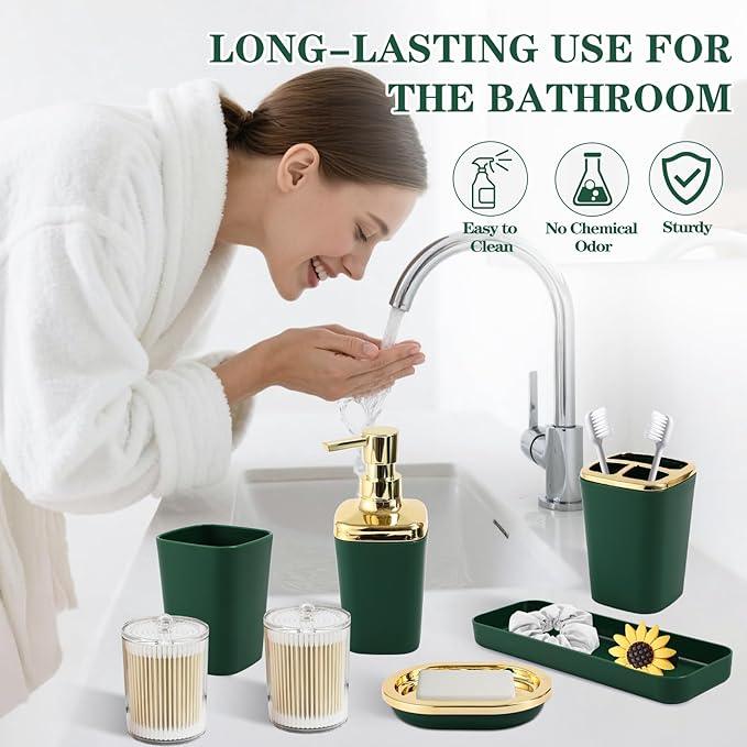 XLHOMO Green Bathroom Set, Bathroom Sets with Stripe Shower Curtain, Green and Gold Bathroom Accessories with Trash Can, Soap Dispenser, Soap Dish, Toilet Brush Holder, Qtip Holders for Bathroom - ModernBath