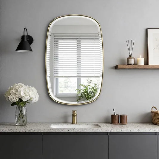 POZINO Brushed Gold Mirror, 20"x30" Brass Beveled Mirrors for Bathroom, Rounded Rectangle Mirror, Modern Vanity Wall Mirrors in Premium Stainless Steel Frame Hangs Horizontal Or Vertical - ModernBath