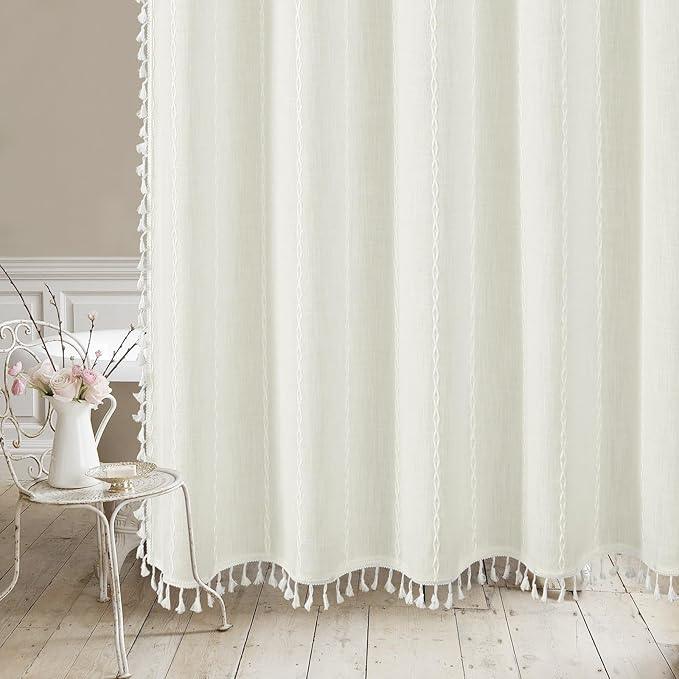 MitoVilla No Hooks Required Boho Farmhouse Shower Curtain with Snap-in Liner, Cotton Linen Fabric Shower Curtains with Tassels for Rustic Neutral Bathroom Decor, Ivory, 72 x 74 - ModernBath