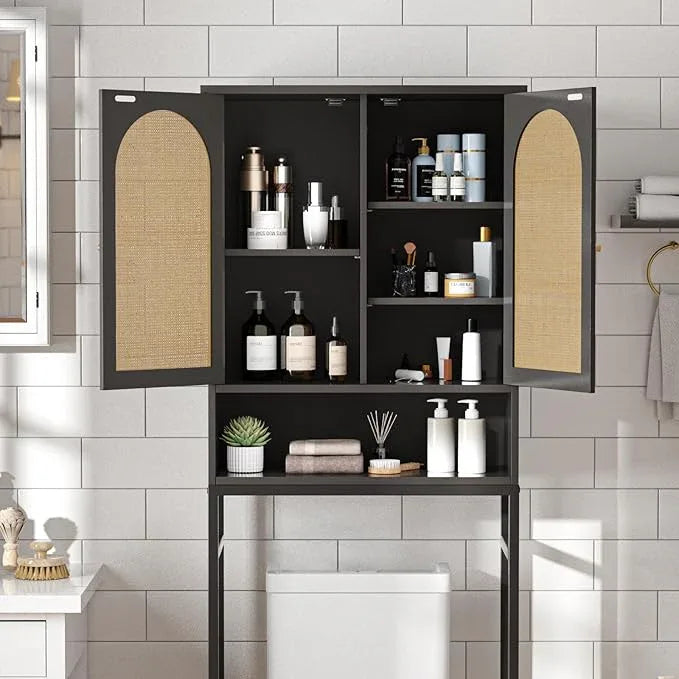 Rattan Toilet Storage Cabinet, Over The Rack Wood Cabinet with Metal Stand, Bathroom Organizer with Adjustable Shelf, Tall Freestanding Washer Shelf, Small Cupboard, Black - ModernBath