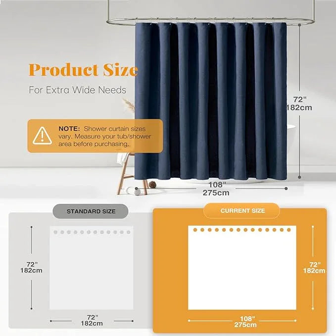 BTTN Extra Wide Shower Curtain - 108x72 Inch Linen Textured Waterproof Fabric Shower Curtain Set with 18 Plastic Hooks, Large Modern Neutral Decorative Shower Curtains for Bathroom and Bathtub - Navy - ModernBath