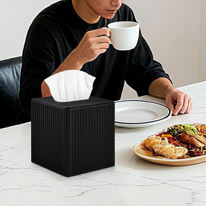XNONE PU Leather Tissue Box Cover Square Tissue Box Holder for Bathroom Vanity Countertop Night Stands Bedroom Office Desk,Modern Tissue Decorative Organizer with Magnetic Closure (Black) - ModernBath