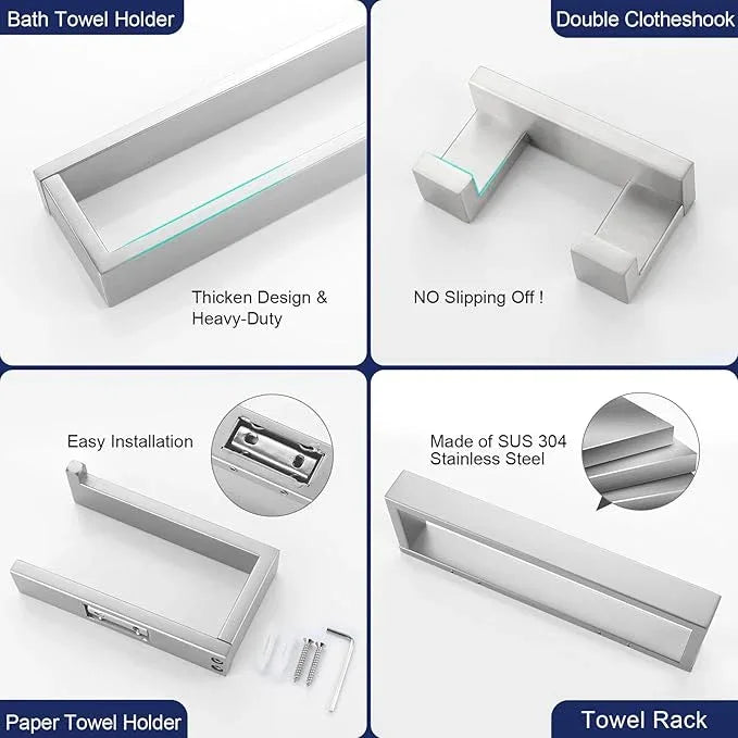 Brushed Nickel 4-Piece Bathroom Hardware Accessories Set, Bathroom Hardware Set including Towel Bar,Towel Holder, Toilet Paper Holder,Towel Hook, SUS304 Stainless Steel Bath Towel Bar Set Wall Mounted - ModernBath
