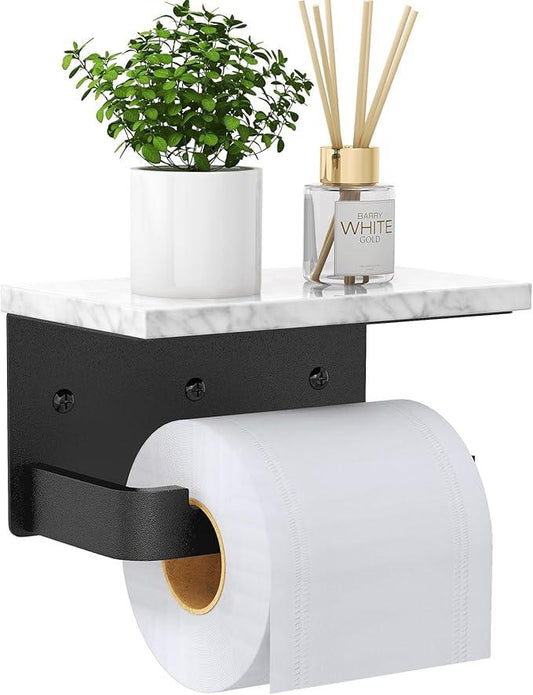 Toilet Paper Holder with Shelf, Extended Base Wall Mounted, Marble Toilet Roll Holder Black for Bathroom Washroom - ModernBath