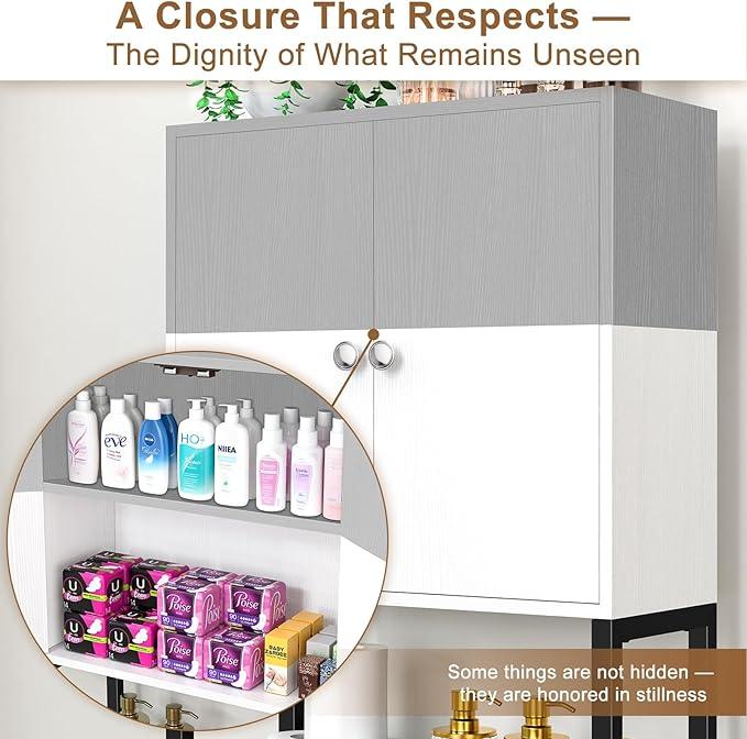 Over the Toilet Storage Cabinet - Freestanding Bathroom Organizer Shelf with Doors, gray & White Over the Toilet Shelves that Separates Wet and Dry Areas, Privacy Protection Above Toilet Storage Rack - ModernBath