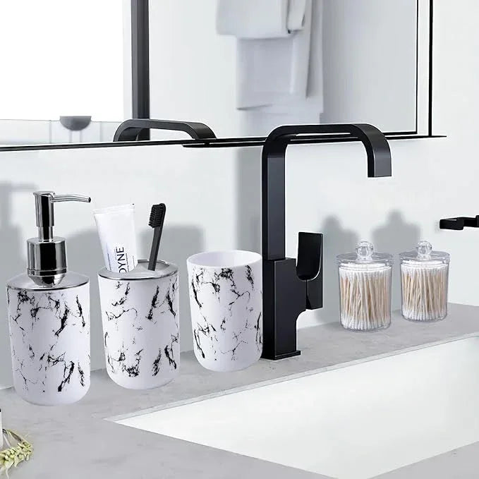 XLHOMO White Marble Bathroom Accessories Set, White Bathroom Set with Trash Can, Vanity Tray, Soap Dispenser, Soap Dish, Toothbrush Holder, Toothbrush Cup, Toilet Brush and Qtip Holders for Bathroom - ModernBath