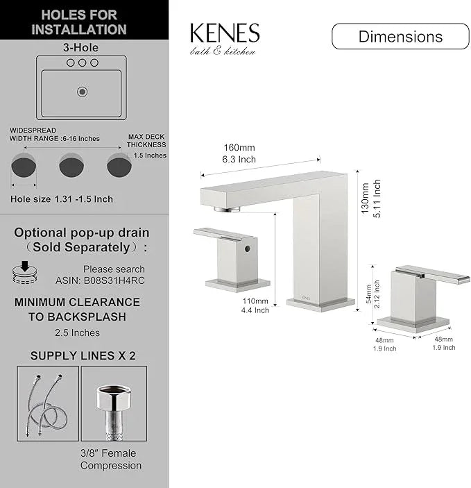 KENES 2 Handle Widespread Bathroom Faucets Brushed Nickel, Bathroom Sink Faucet 3 Hole Vanity Faucet with Lead-Free Supply Hose, KE-9050 - ModernBath