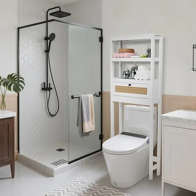 Over The Toilet Storage Cabinet, Behind Toilet Bathroom Organizer with Adjustable Shelves, Above Toilet Organizers with Rattan Door, Space Saver for Restroom, Bathroom, Laundry - ModernBath