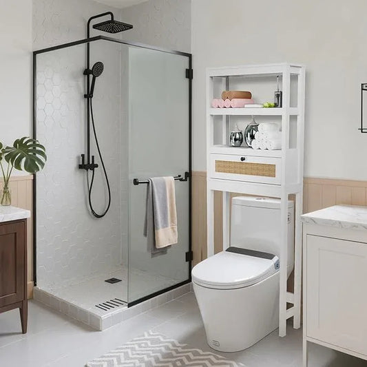 Over The Toilet Storage Cabinet, Behind Toilet Bathroom Organizer with Adjustable Shelves, Above Toilet Organizers with Rattan Door, Space Saver for Restroom, Bathroom, Laundry - ModernBath