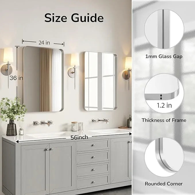 USHOWER Brushed Nickel Bathroom Mirrors 24"x36" 2 Pack, Silver Rectangle Mirrors for Over Sink, Rounded Corner, Aluminum Frame, Anti-Rust, Tempered Glass, Horizontal or Vertical Mounted - ModernBath