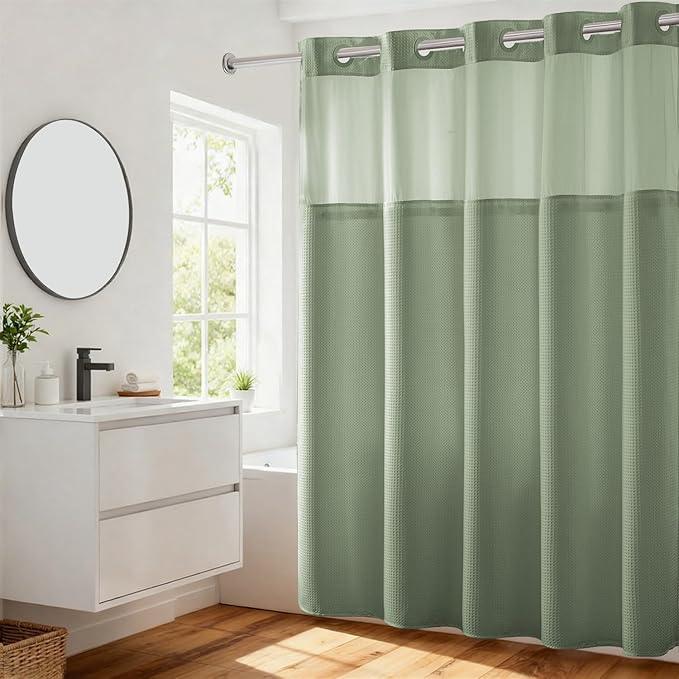 River Dream Green Heavyweight No Hooks Required Shower Curtain with Snap in Liner - Dotted Waffle Weave,Hotel Grade,Spa Like Bath Curtain,71W x 74H - ModernBath