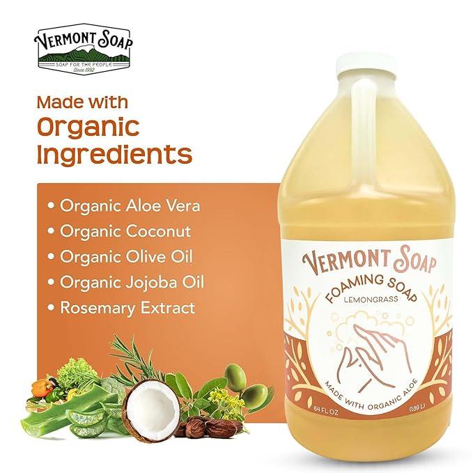 VERMONT SOAP Organic Lemongrass Zen Foaming Hand Soap - Natural Moisturizing Soap for Dry Skin - Fragrance Free Liquid Bathroom Hand Soap - Lemongrass Zen - 64 oz - ModernBath