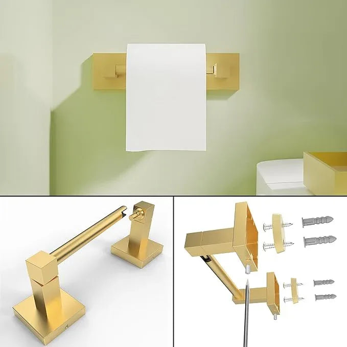 Ruacq Brushed Gold Toilet Paper Holder Towel Ring Bathroom Accessories Hardware Set Double Post Pivoting Toilet Roll Holder Square Stainless Steel and Zinc Alloy Modern Wall Mounted 2 Pieces - ModernBath