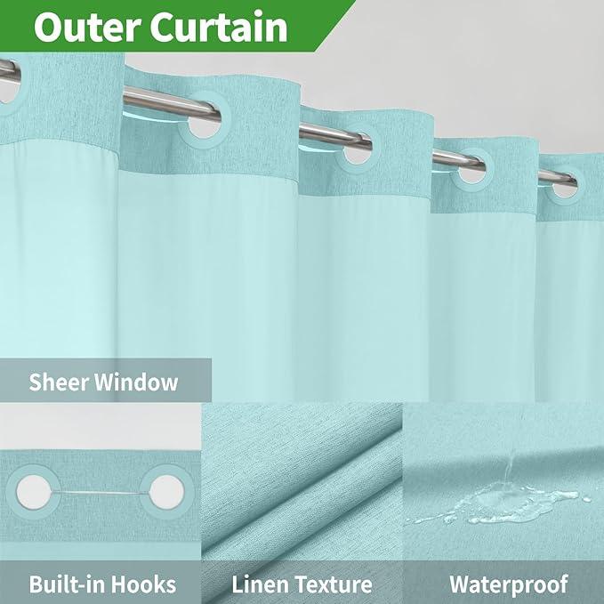 eachope Extra Long No Hooks Needed Linen Textured Shower Curtain with Snap-in Fabric Liner Set,White Hotel Luxury Decor Shower Curtains for Bathroom,Waterproof & Washable,71Wx86H,Teal - ModernBath