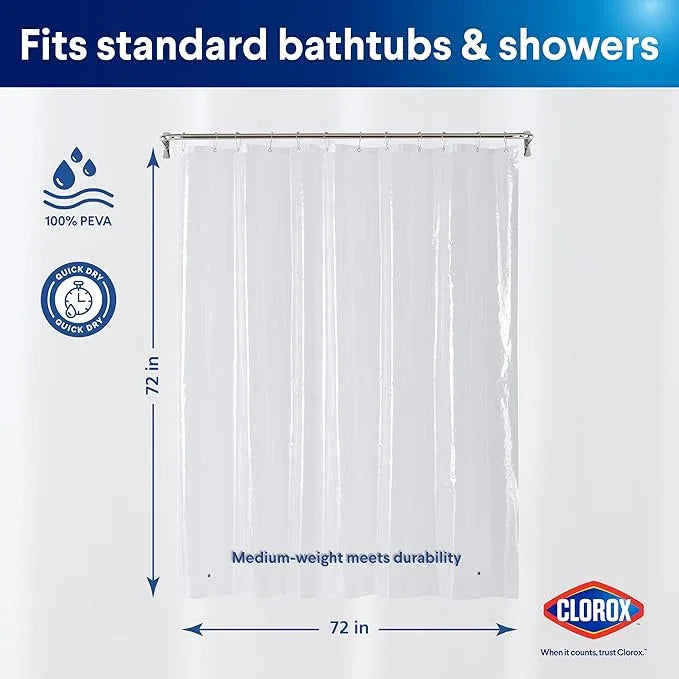 CLOROX Shower Curtain Liner, Premium Medium-Weight Durable Waterproof 6g PEVA for Bathroom with Weighted Magnets, Standard Size 72" x 72", Clear 2 Pack - ModernBath