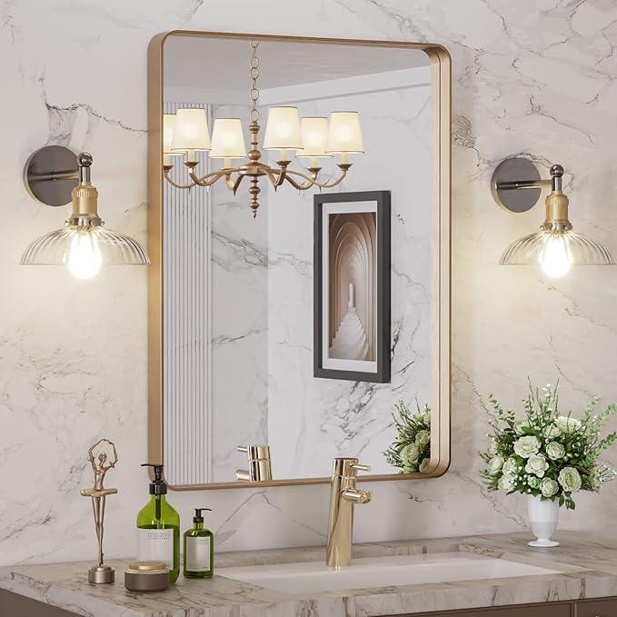 LOAAO 22”X30” Gold Bathroom Mirror, Rounded Rectangle Gold Frame Mirror, Brushed Gold Bathroom Vanity Mirror Wall-Mounted, Anti-Rust, Hangs Horizontally or Vertically - ModernBath