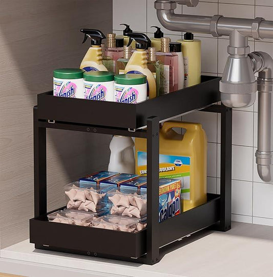 Bamboo Wood Under Sink Organizer 1 Pack, Pull Out Cabinet Organizer 2 Tier Under Sink Organizers and Storage with Sliding Drawer Sturdy Easy Assembly for Kitchen Bathroom Undersink (Black, 1 Pack) - ModernBath