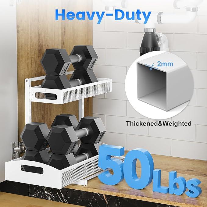Metal Under Sink Organizer, Pull Out Cabinet Organizer Rack with Silk-Smooth Bottom Drawer, 5-Level Adjustable, Multi-Purpose Storage Shelf for Bathroom, Kitchen, Vanity, Pantry (2-Pack) - ModernBath