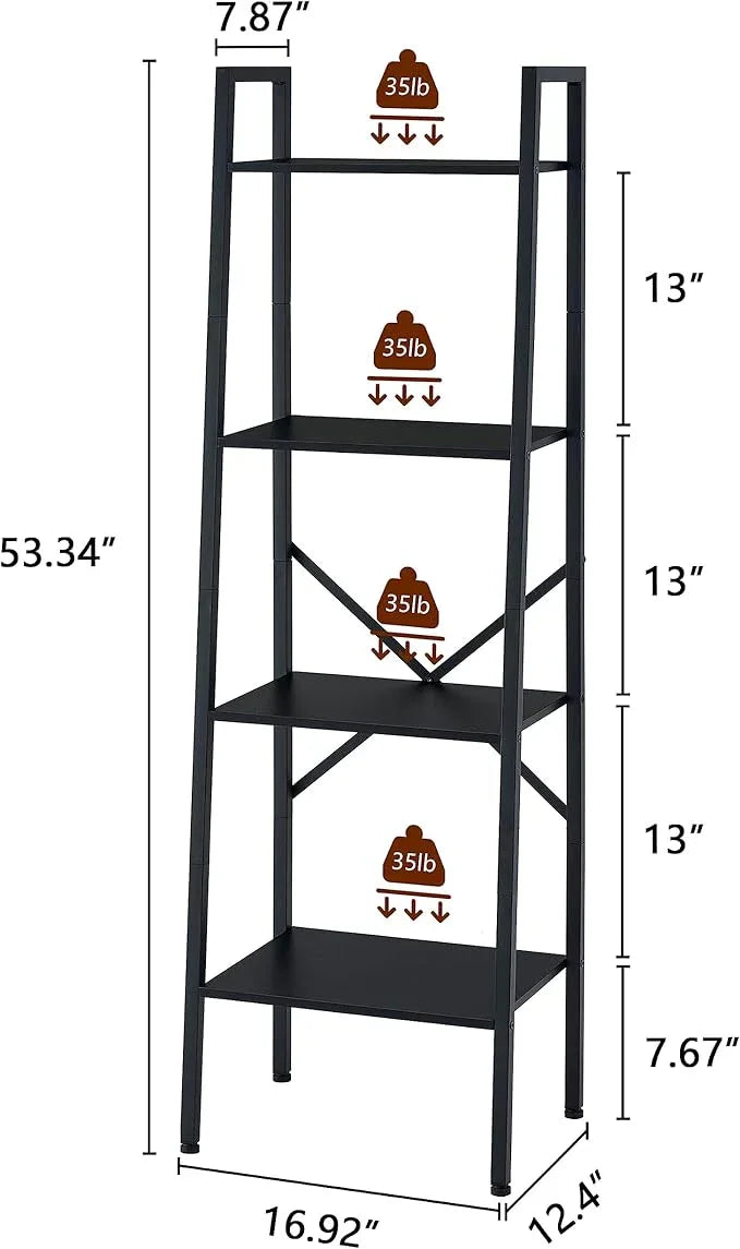 Hoctieon 4-Tier Industrial Ladder Bookshelf, Narrow Ladder Shelf, Tall Standing Bookshelf, Skinny Open Ladder Shelf, for Living Room, Home Office, Kitchen, Bedroom, Metal Frame, Black - ModernBath